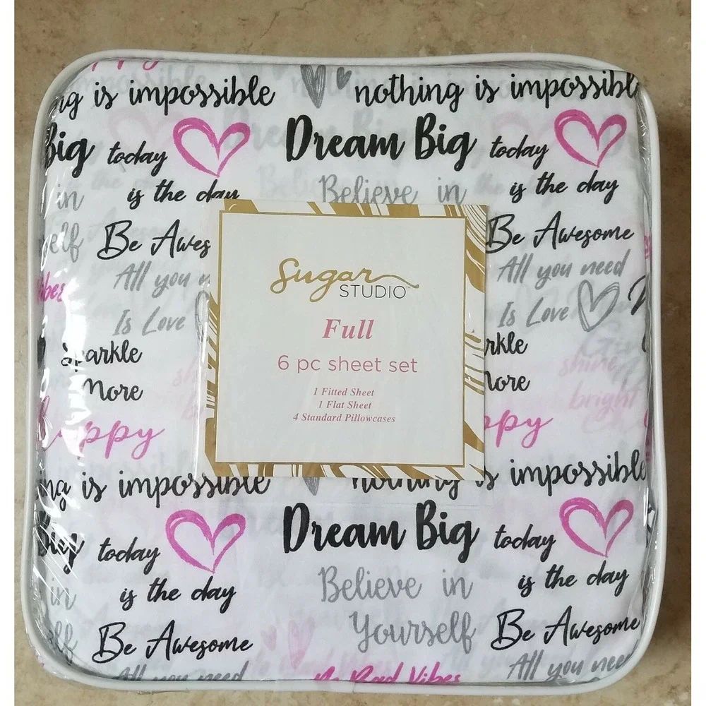 Sugar Studio 6pc FULL Sheet Set Good Vibes Dream‎ Big White Black Pink NEW